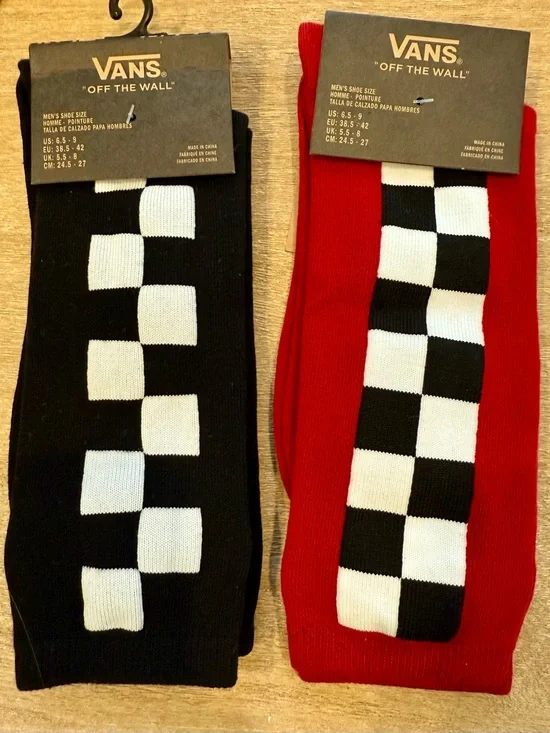Vans Checkerboard Crew Socks in Black, White & Red - Picture 1 of 1